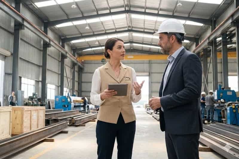 Asesora inmobiliaria evaluando nave industrial en Tlalnepantla con propietario para ponerla en renta segura.