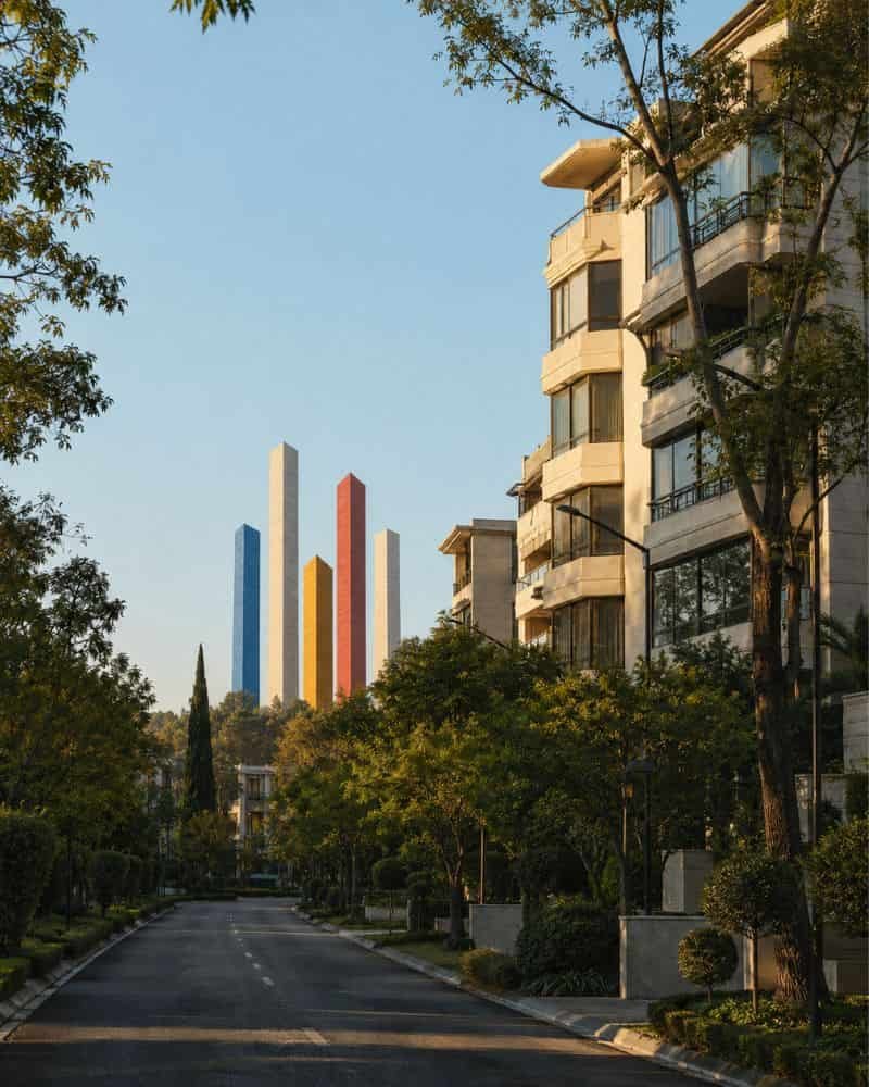 Torres de Satélite y zona residencial de Ciudad Satélite, Naucalpan, Estado de México